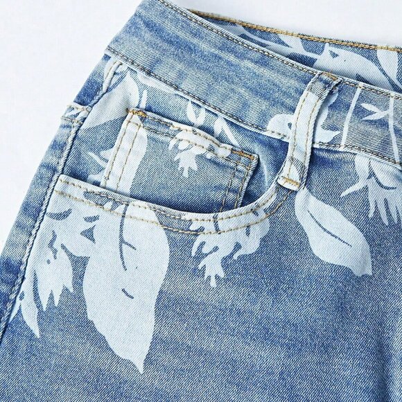 Light Wash Casual Women's Floral Printed Bootcut High Waisted Stretch Jeans - Picture 5 of 6